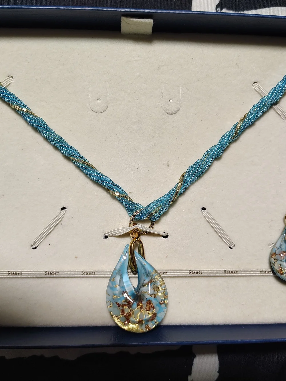 Murano-Style Blue Glass Teardrop Necklace with Gold Flecks